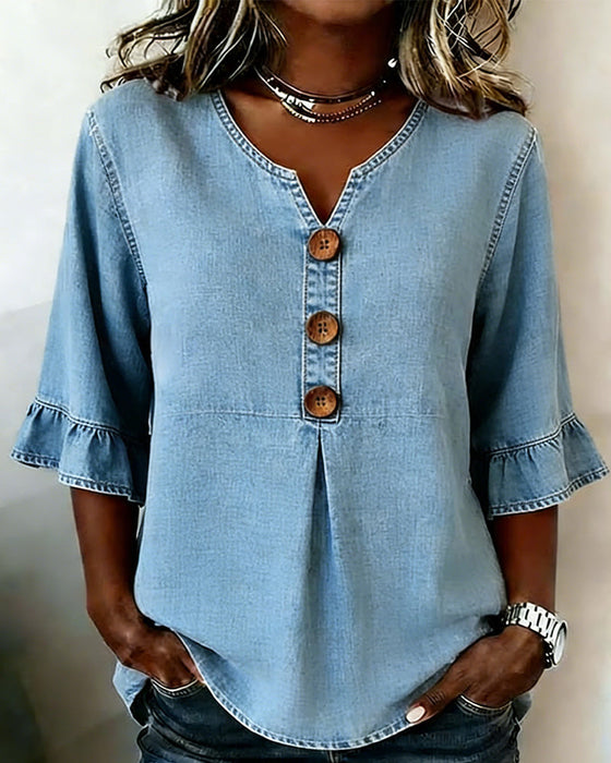 Blus V-ringning Utsvängd Ärm Denim
