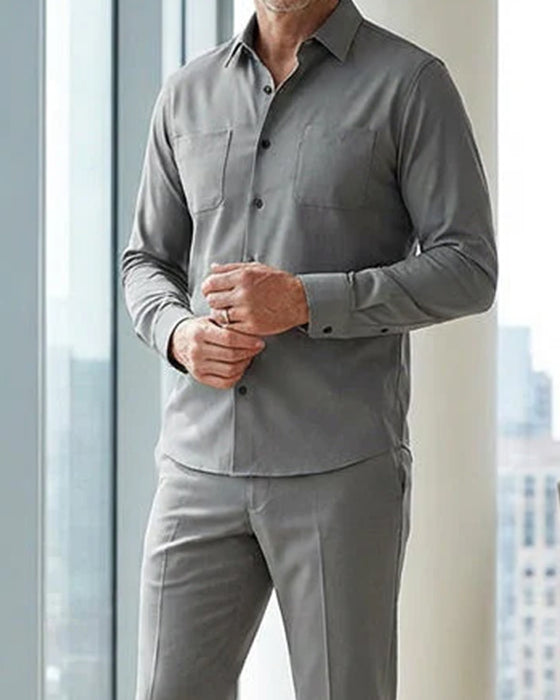 Herr 2-Delad Enfärgad Promenaddräkt - Lös Passform, Skrynkelbeständig, Snygg