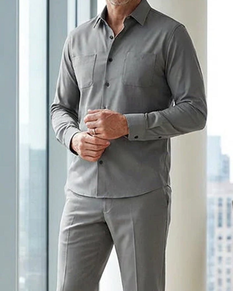 Herr 2-Delad Enfärgad Promenaddräkt - Lös Passform, Skrynkelbeständig, Snygg