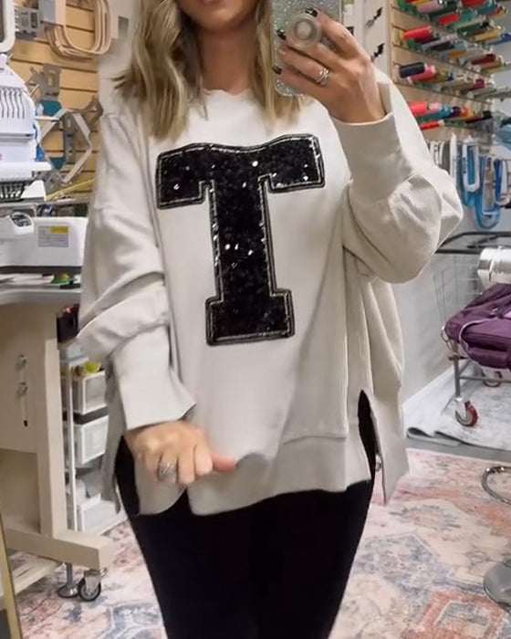 Sweatshirt T-Design Paljett Broderad Rundhals