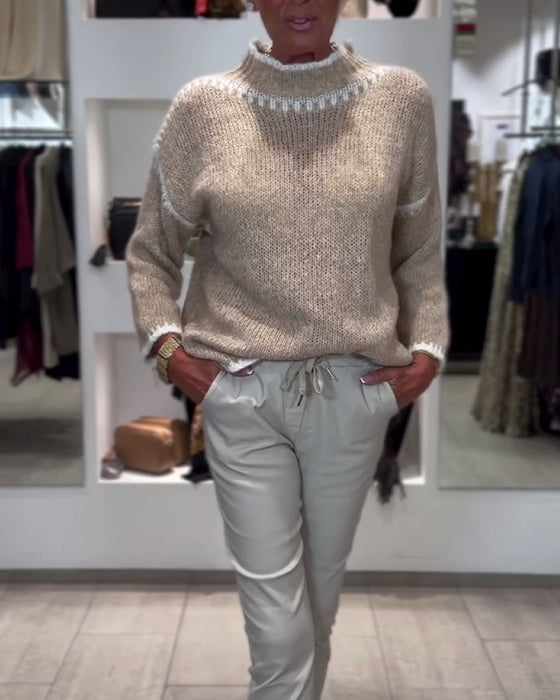 Mångsidig Pullover Med Hög Hals Och Kontrastfärger