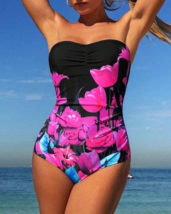 Baddräkt Bandeau Blommigt Tryck Helkropp