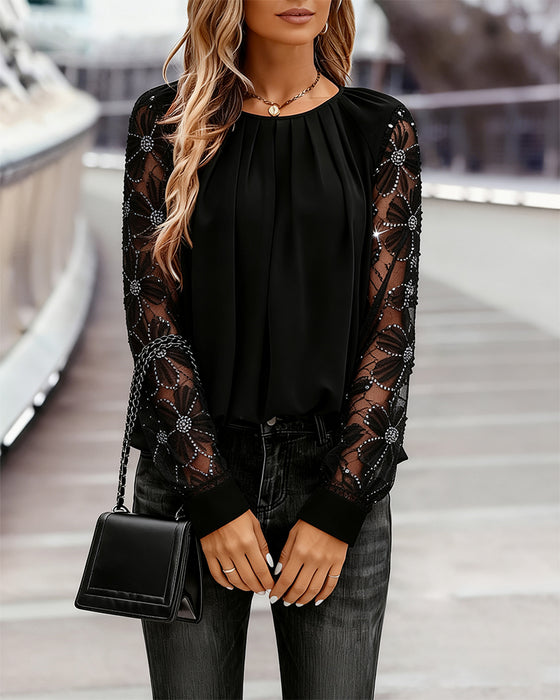 Topp Fin Glitter Långärmad Veckad Rundhalsad