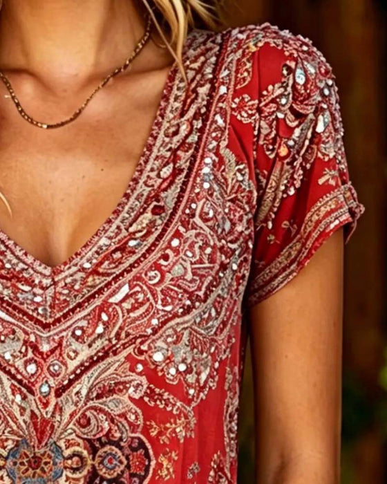 T-Shirt Boho V-Hals Tryckt Kortärmad