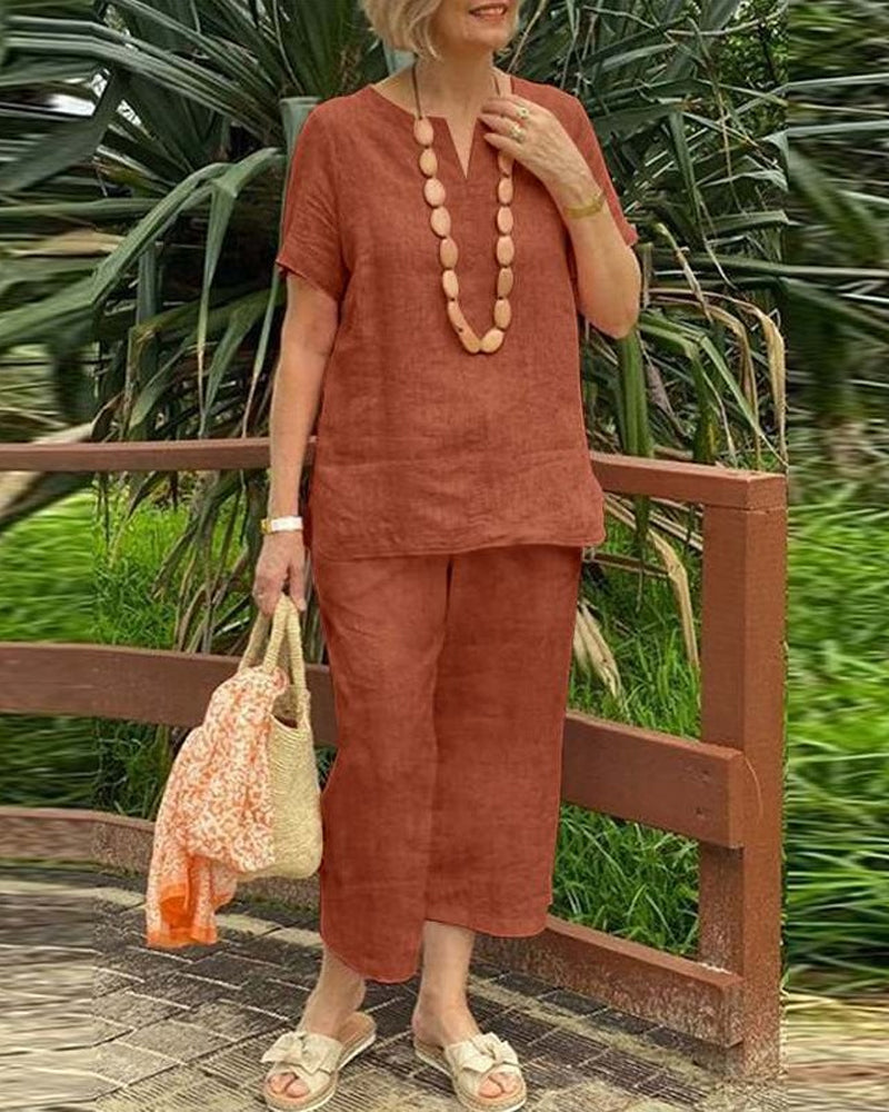 Tvådelade Set Kortärmad Skjorta Resår Midja Cropped Byxor