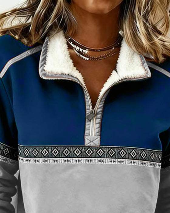 Retro Hoodie Med Färgblockning Och Pälskrage