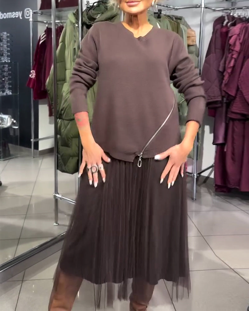 Stilrent Set Med Rundhalsad Tröja Och Dragkedjedetalj