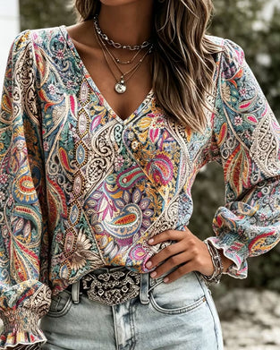 Blus V-Hals Bohemisk Bubbel Ärm