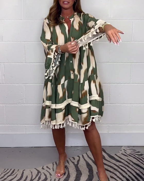 Fritidsklänning med fransar i vintagetryck