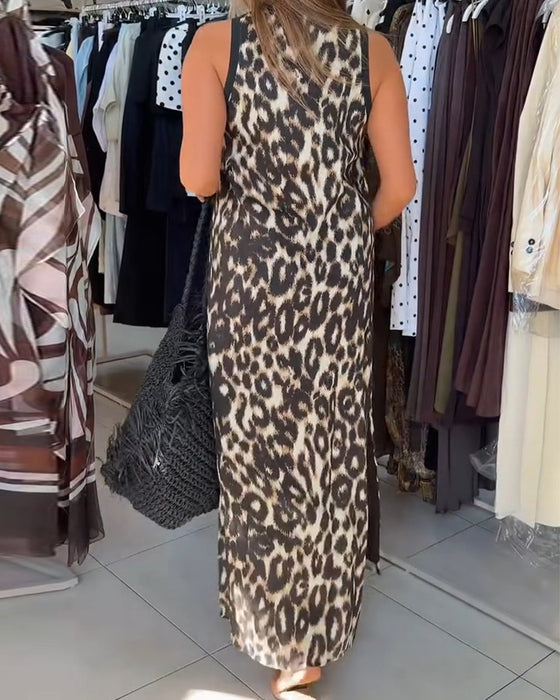 Klänning Rundhalsad Leopardmönster Ärmlös Maxi