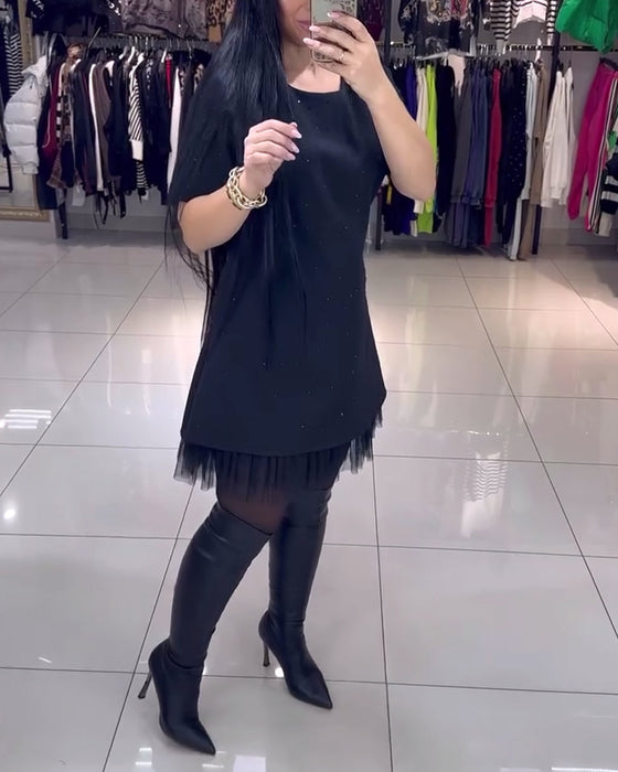 Klänning Kortärmad Mesh Kjol Pärlsömmar