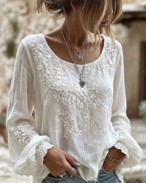 Blus Texturerad Körsbärsblom Broderad Rundhalsad