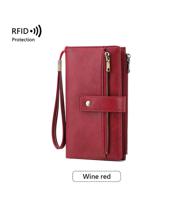 Dams långplånbok, snygg clutch, elegant enfärgad läderplånbok med RFID-skydd👛