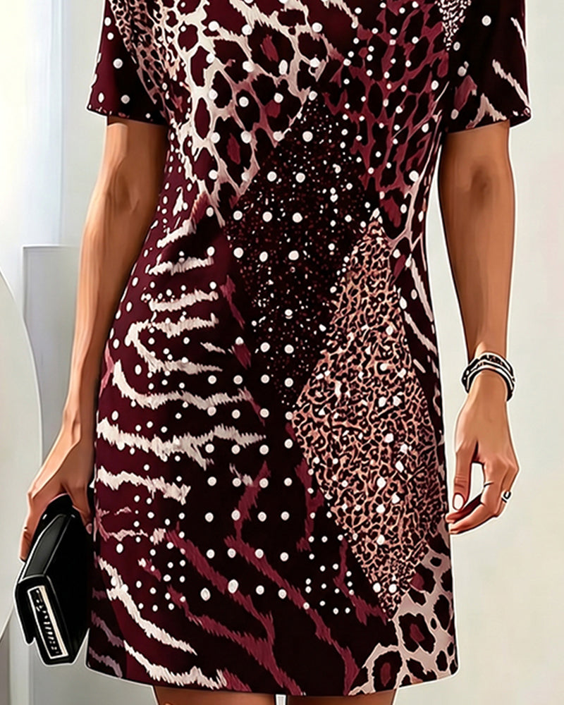 Klänning Leopardmönster Rundhalsad Kortärmad Patchwork