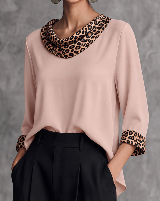 Blus Leopard Panel Cowl Neck Armbågslång Ärm