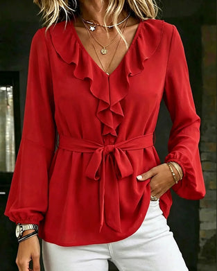 Blus V-Hals Ruffle Casual