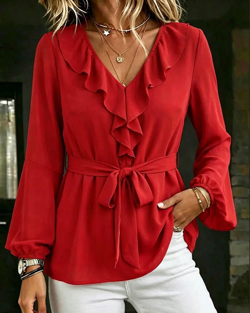 Blus V-Hals Ruffle Casual