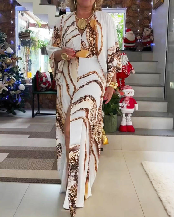 Klänning Långärmad V-Ringning Slits Tryckt