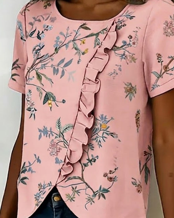 Blus Rundhalsad Kortärmad Rynkad Blommig