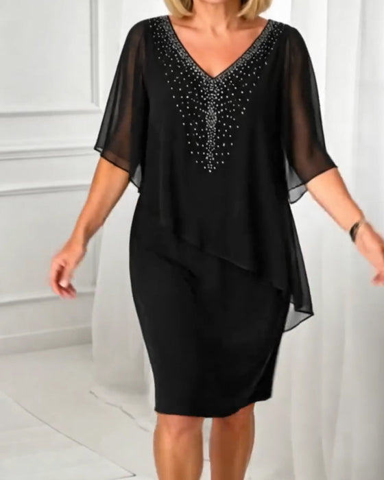 Klänning Casual V-Hals Rhinestone