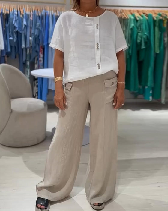 Casual Lös T-shirt Med Knapp