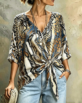 Topp Djurmönster Patchwork V-Hals Bandage