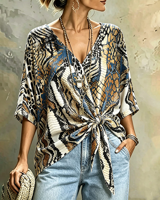 Topp Djurmönster Patchwork V-Hals Bandage