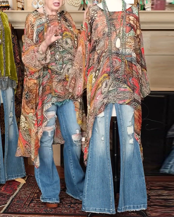 Blus Löst Fladdermusärm Tryck