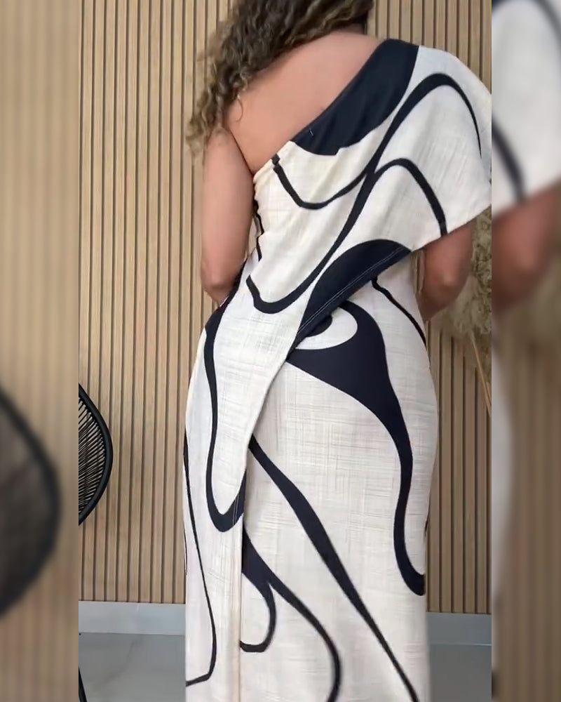 Klänning Volang Off-Shoulder Geometriskt Tryck Mode