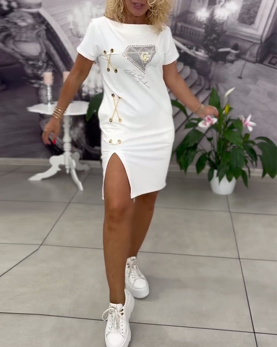 Klänning Tryckt Figursydd Slits