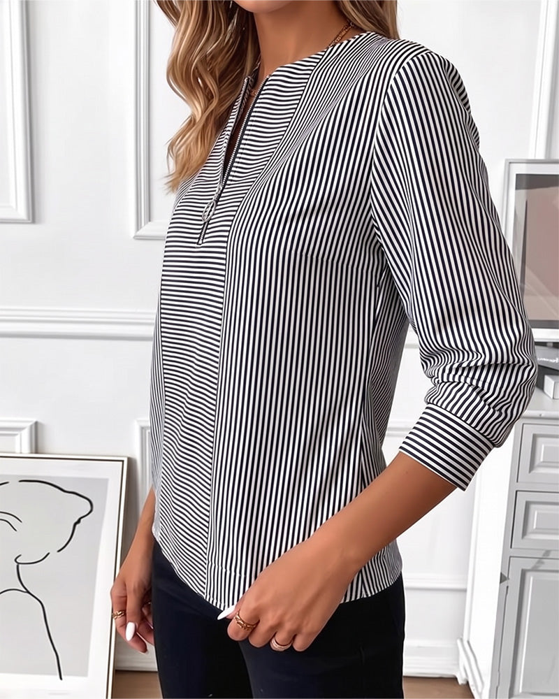 Blus Randig Patchwork Dragkedja Upp