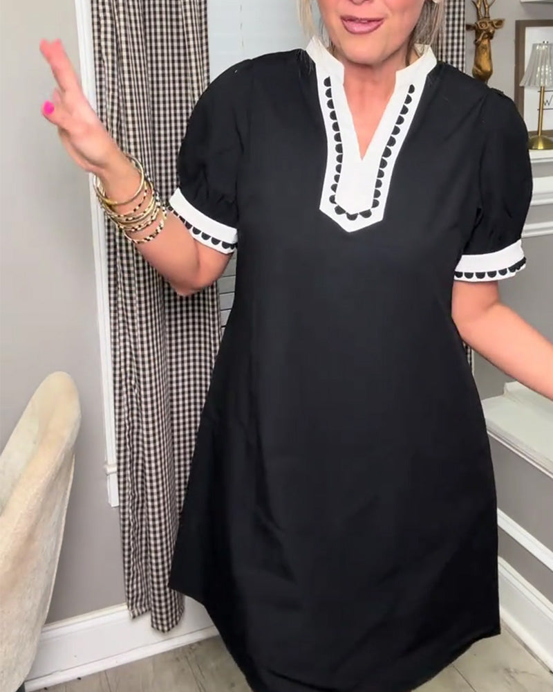 Klänning Bubbla Ärm Färgblock V-Hals