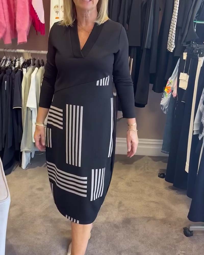 Klänning Geometrisk Rand V-Hals Bodycon Midi