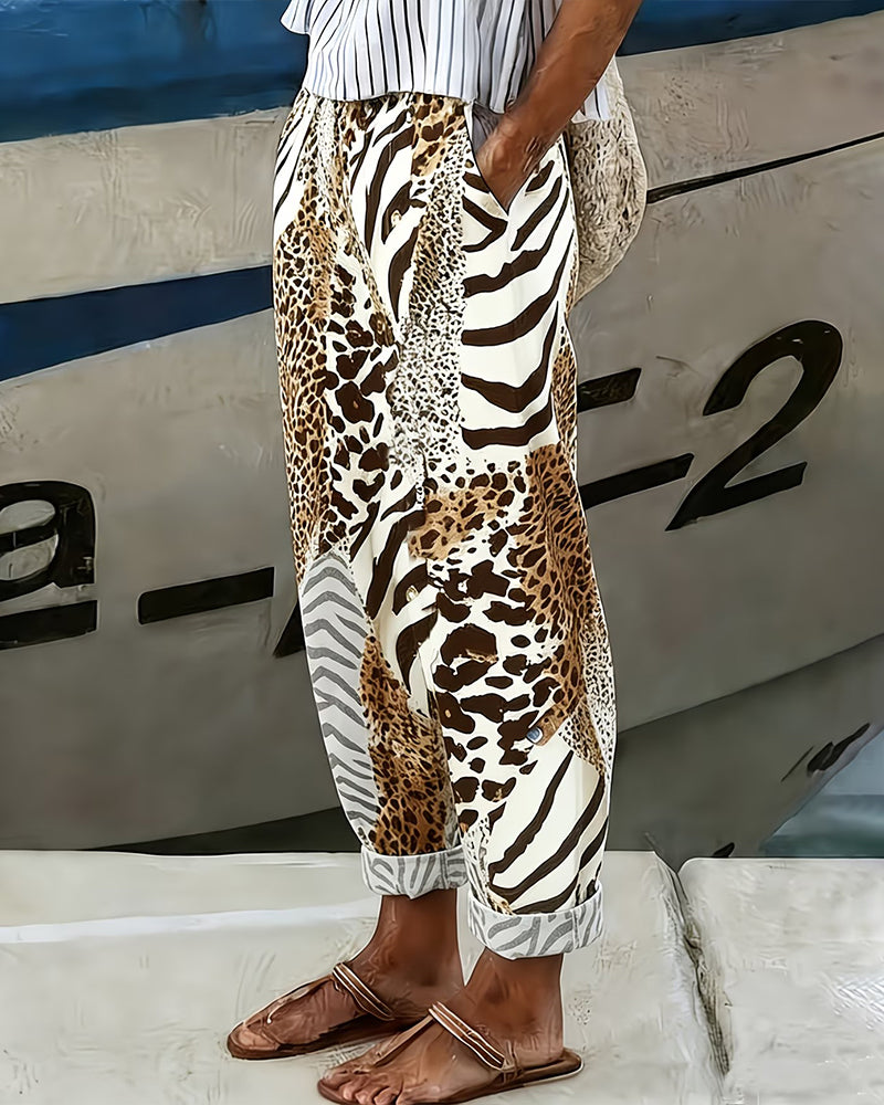 Byxor Leopard Och Zebra Lapptäcke Casual Lång