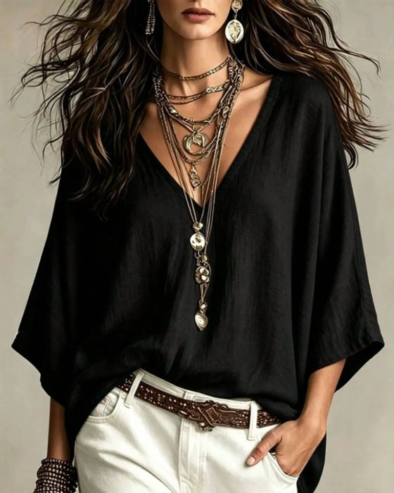 Blouse V-Hals Trefjärdedels Ärm Löst