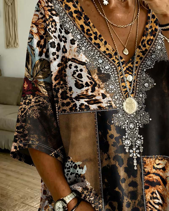 Blus Leopard V-Hals Casual