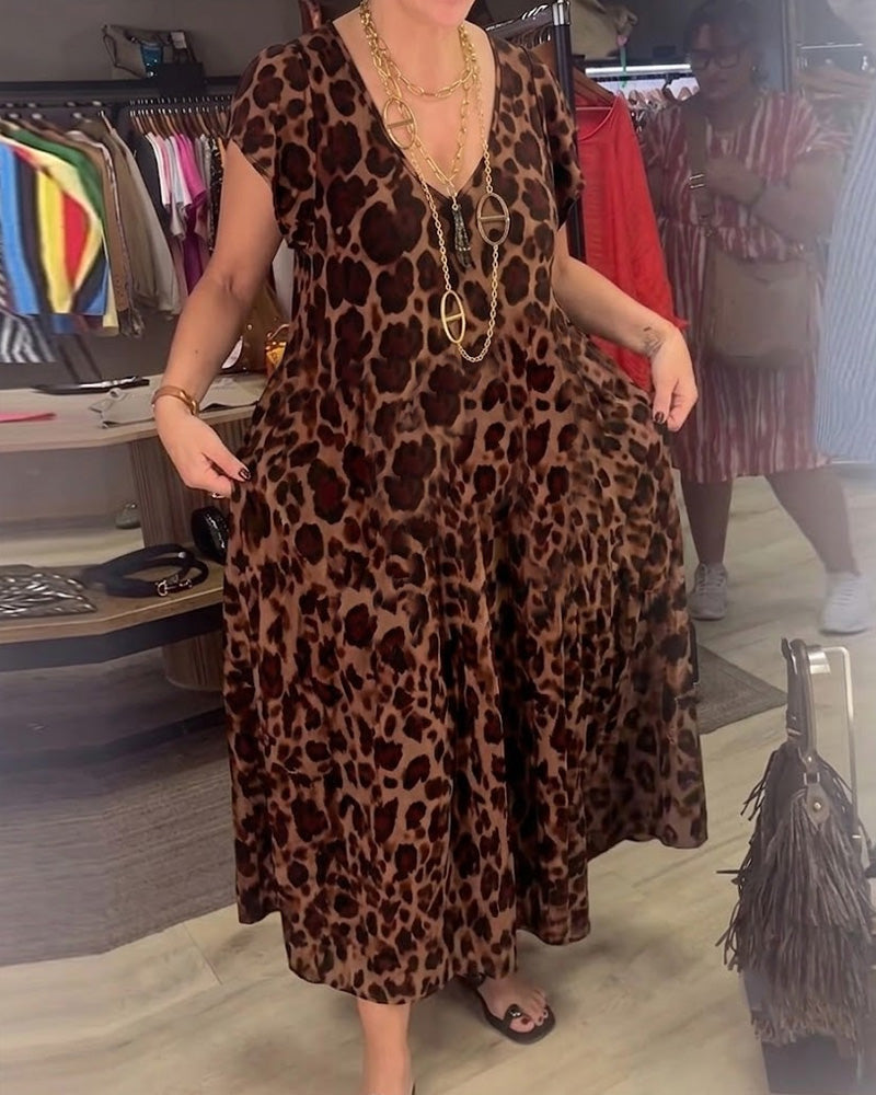 Klädning V-Hals Leopard Kort Ärm
