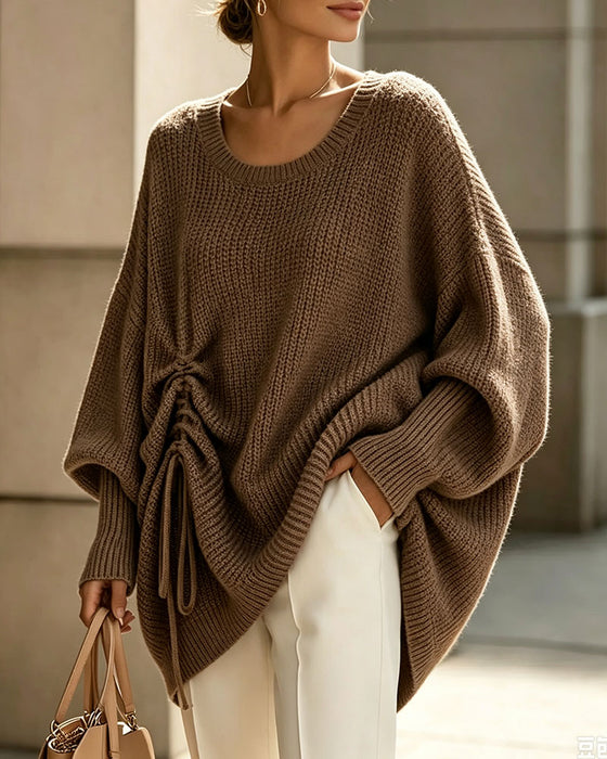 Pullover Rundhals Dragsko Avslappnad Solid Stickad