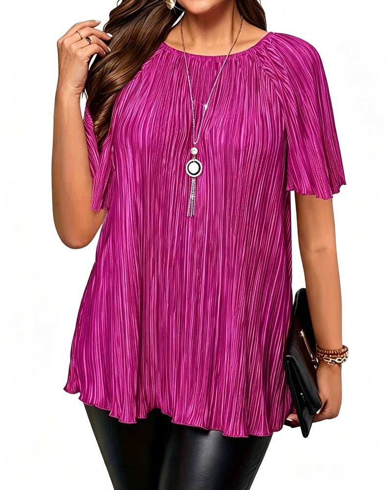 T-Shirt Plus Size Solid Veckad Kort Ärm