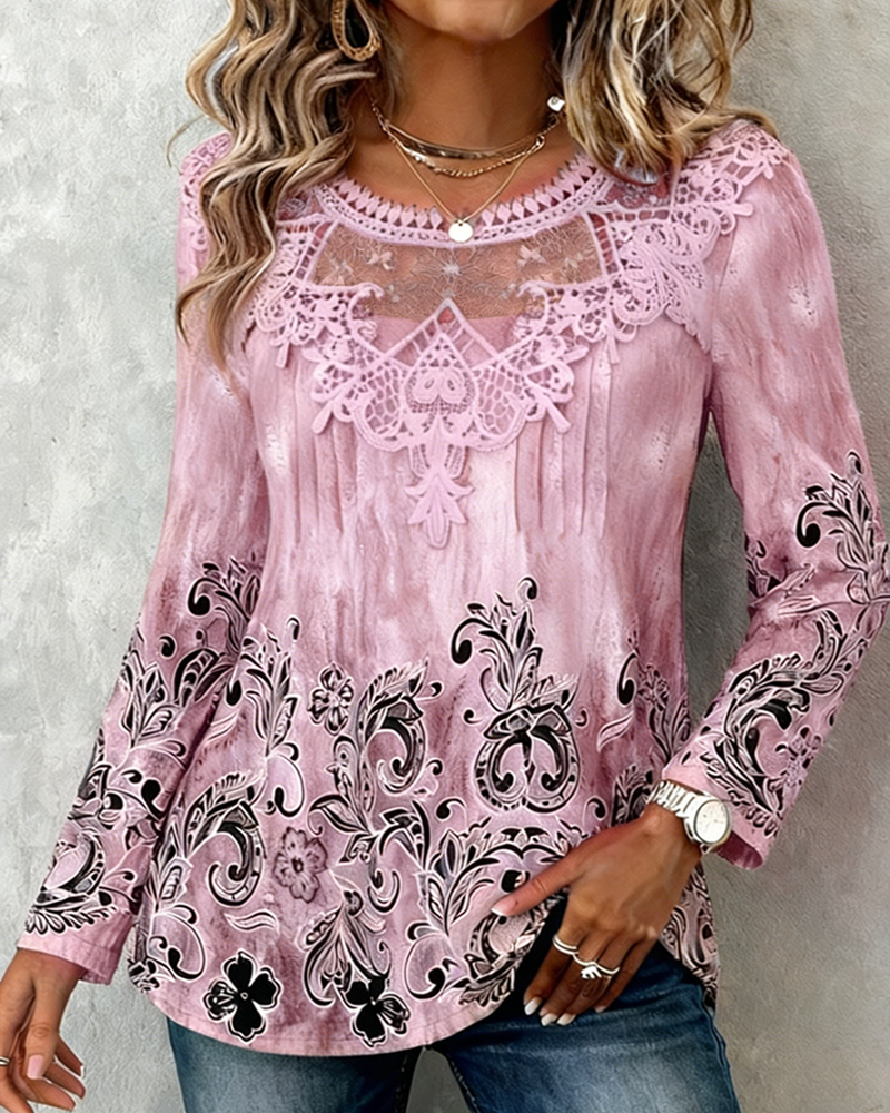 Blus Lapptäcks Krage Och Strategiskt Placerad Tryckt