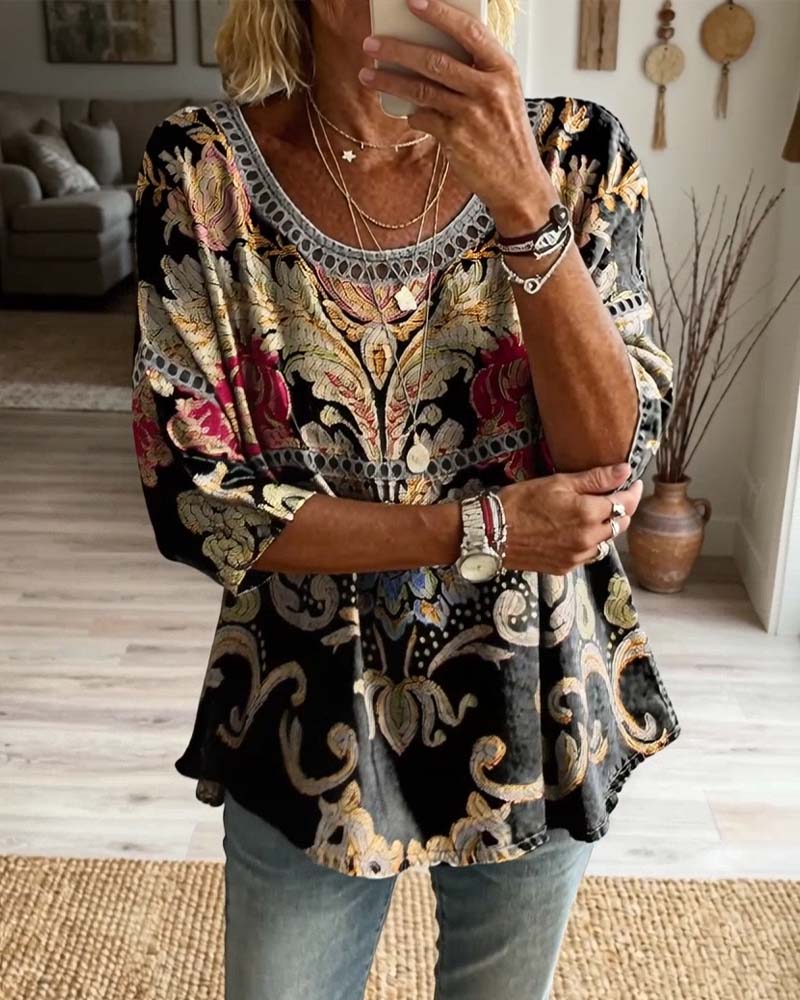 Blus Bohemisk Genombruten Tryckt