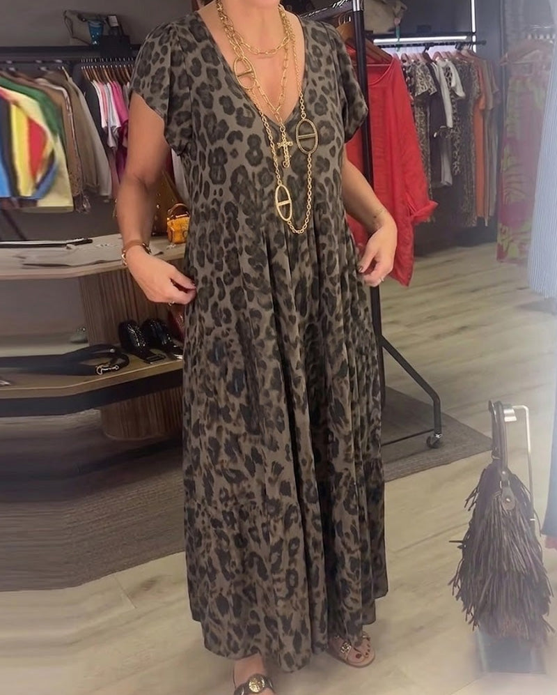 Klädning V-Hals Leopard Kort Ärm