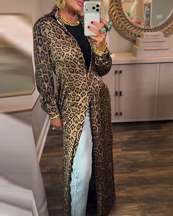 Klänning Leopard Tryck Splitt Lång Ärm