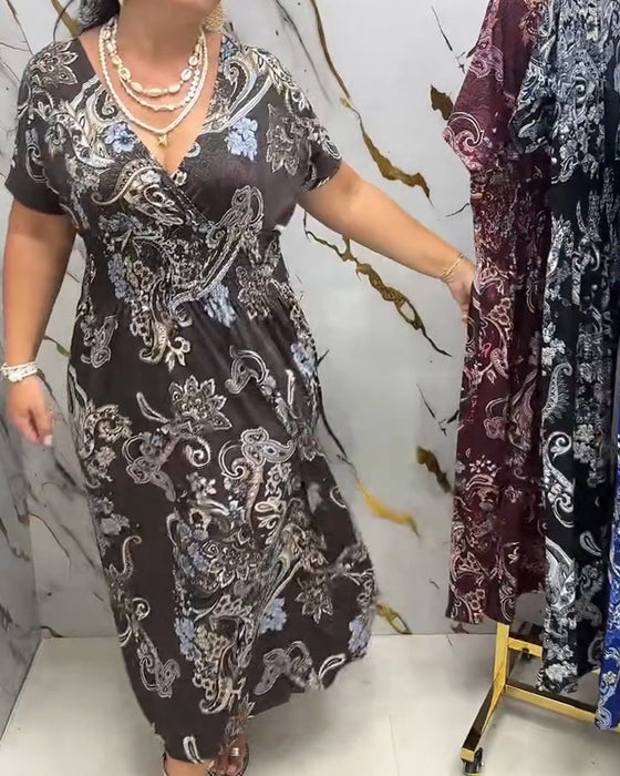 Klänning V-ringning Blommig Midjeraff Maxi