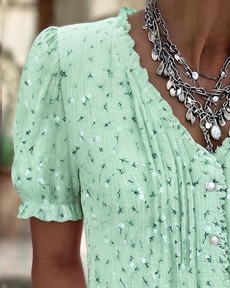 Blus Puffärm Blommig Tryck Kortärmad
