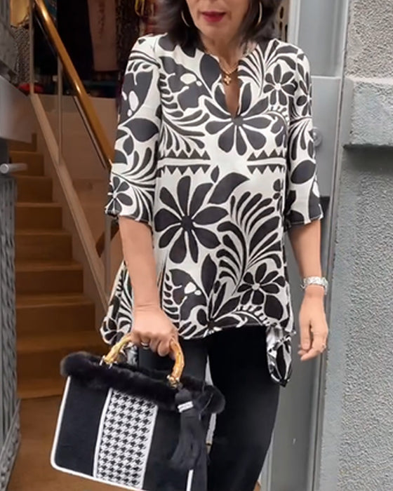 Blus Vintage Halvärm Tryckt