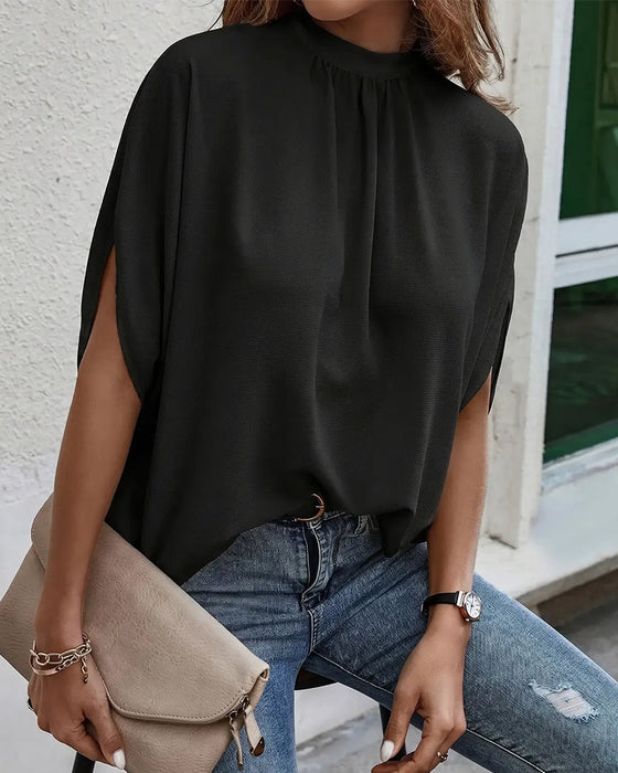Blus Mock Neck Veckad Tretrekvart Ärm Solid