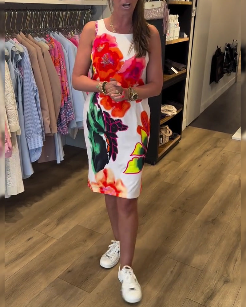 Klänning Akvarell Stor Blomma Ärmlös Höft