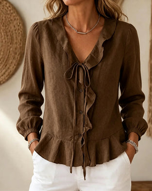 Blus V-Hals Ruffle Slips Lång Ärm
