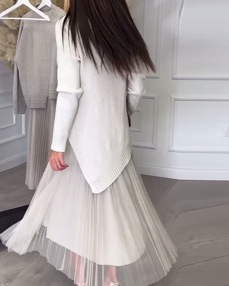 Tvådelat Set Med Pullover Och Kjol I Rund Halsringning Och Oregelbunden Design